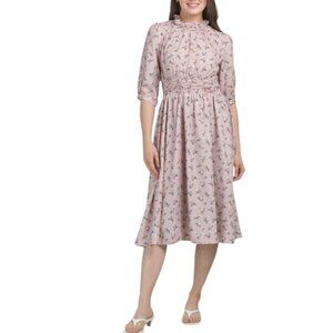 NANCY YANG Ruffle Neck Midi Dress
